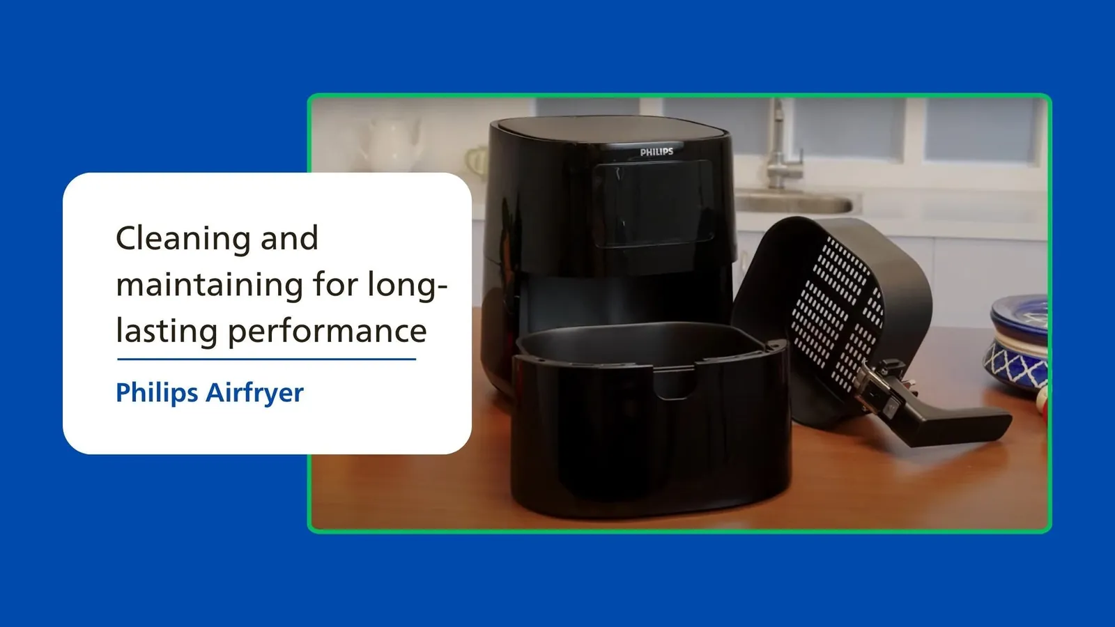 Air fryer basket and cleaning supplies laid out on a kitchen counter