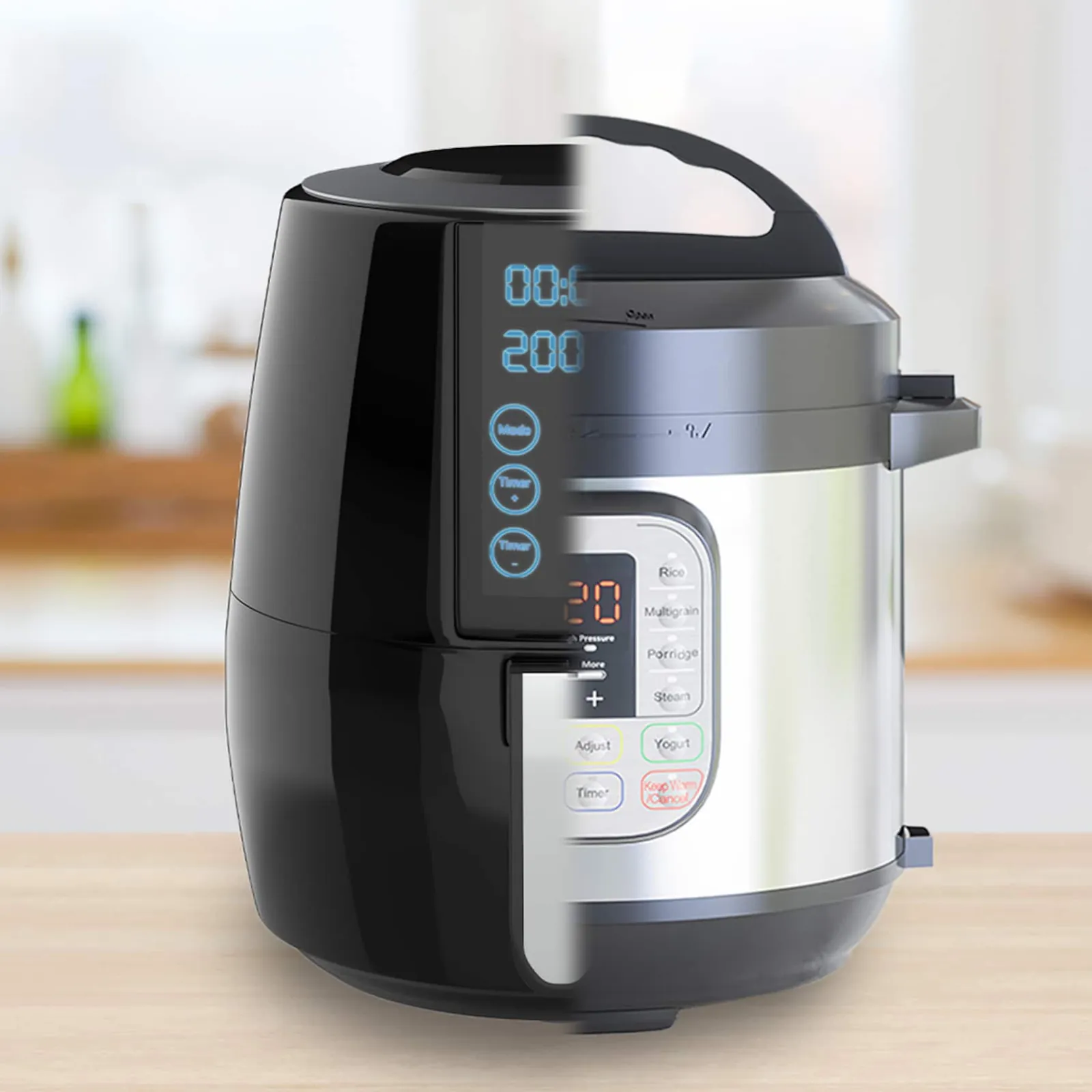 Air fryer beside a Dutch oven, roast chicken and wet batter