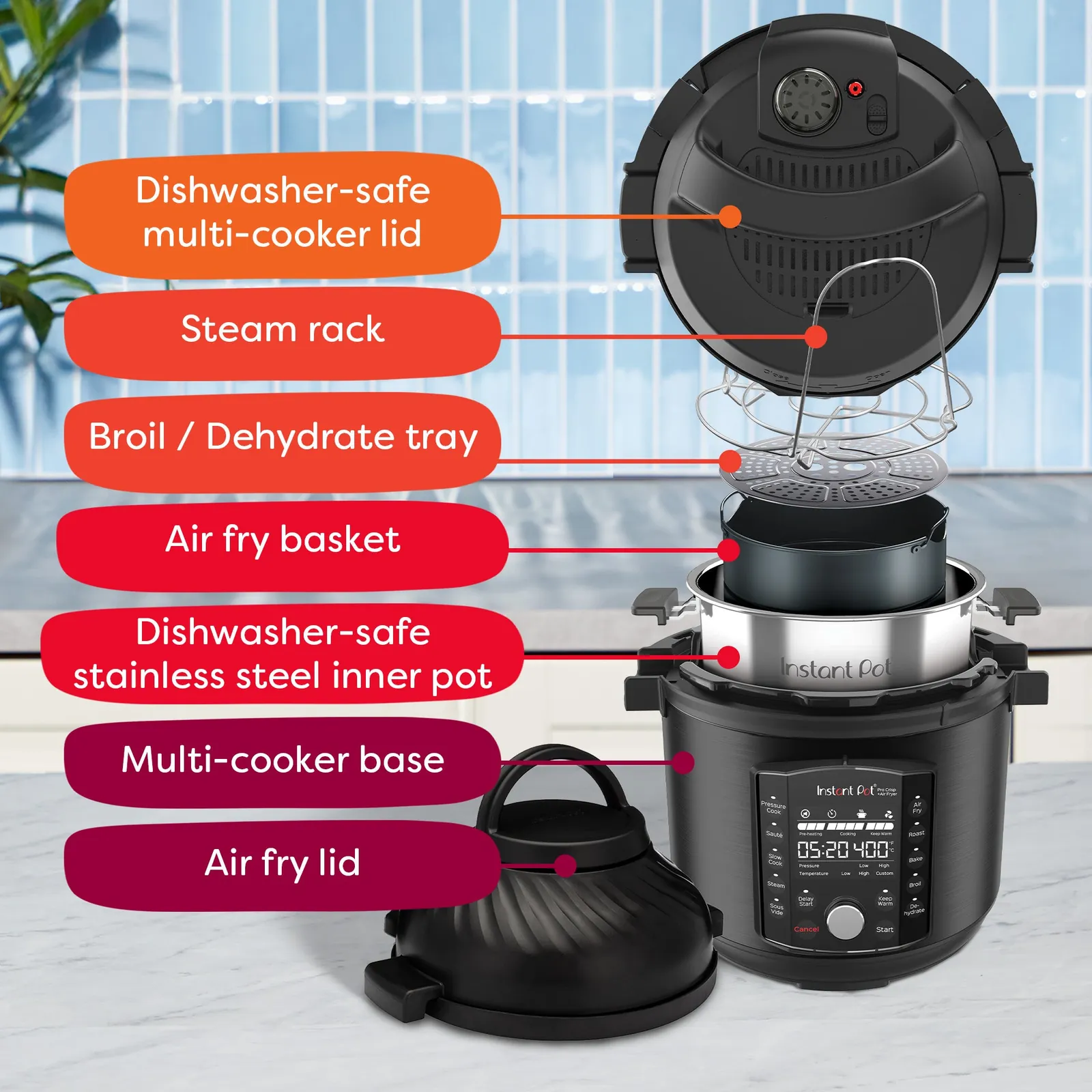 Air fryer with fries beside a regular oven with a full tray