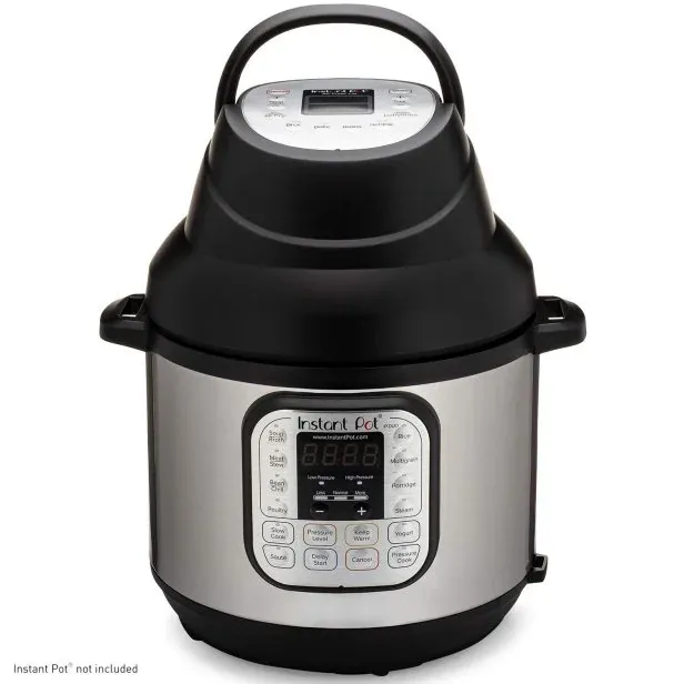 Air fryer lid circulating hot air over potato wedges in an Instant Pot