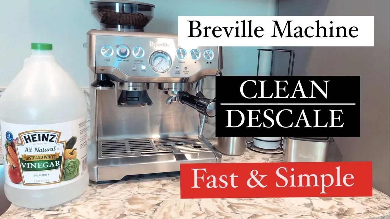 Cleaning supplies for espresso machine including vinegar, pitcher, cloth, and brush