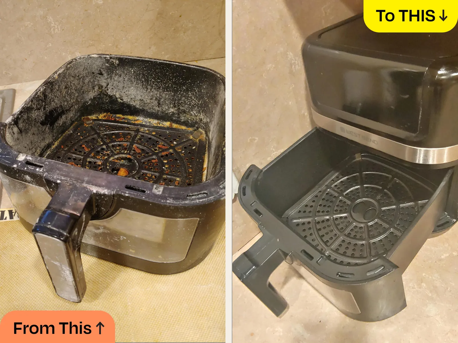 Hands removing crisper plate from small air fryer basket on towel
