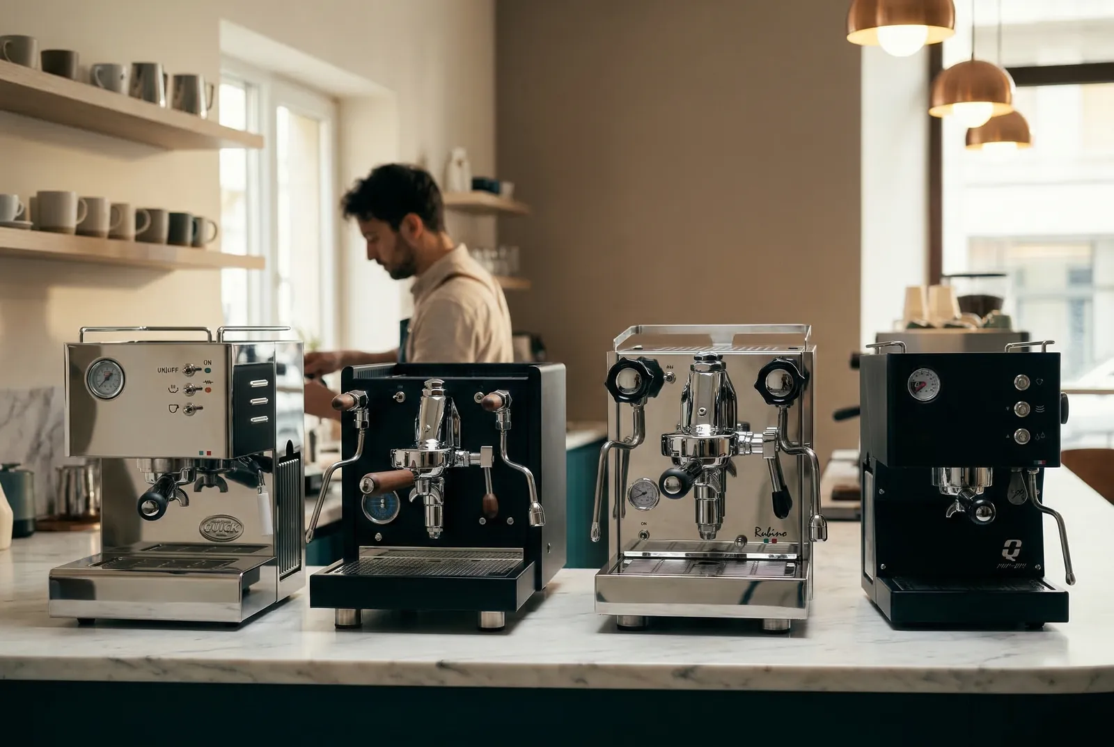 Moka pot, drip coffee maker, and lever machine on a counter